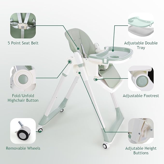 3 in 1 Baby High Chair with Wheels, Adjustable 5 Point Harness, Tray, Foot Rest, Backrest and Seat Height, Foldable High Chair for Toddlers, Green-CubbioJoy