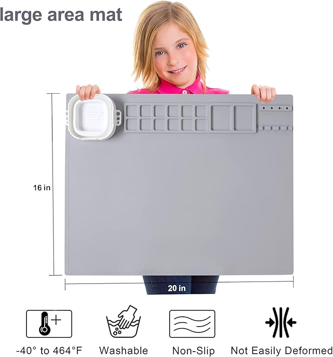 AWOKE Silicone Painting Mat - 20"X16" Silicone Art Craft Mat with 1 Water Cup for Kids -12 Color Dividers - 2 Paint Dividers (Grey)-CubbioJoy