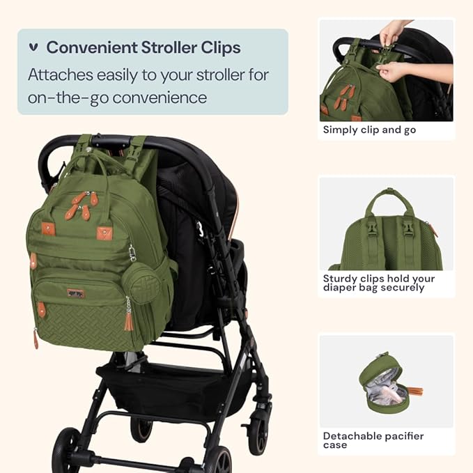 BabbleRoo Extra Large Diaper Bag Backpack, Expandable Baby Bag with Up to 50% More Capacity - Travel Essentials Baby Bag Tote with Changing Pad, Stroller Straps & Pacifier Case - Unisex, Forest Green-CubbioJoy