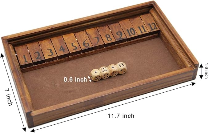 Juegoal Shut The Box Wooden Board Dice Game with 12 Numbers and Lid for Kids Adults Families, 2 Players and Up-CubbioJoy