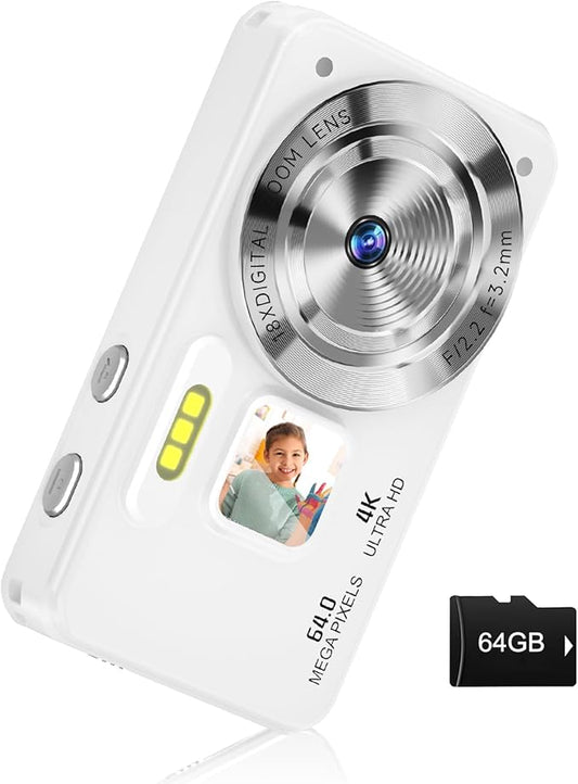 Digital Camera, Autofocus 4K 64MP Point and Shoot Digital Cameras for Teens with 64GB Card, 18X Zoom Anti-Shake Compact Video Camera for Student Kids Boys Girls Beginner - White-CubbioJoy