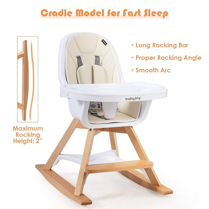 BABY JOY 3 in 1 High Chair, Baby Eat & Grow Convertible Wooden High Chair/Rocking Chair/Booster Seat/Toddler Chair, Infant Dining Chairs w/Double Removable Tray, 5-Point Seat Belt & PU Cushion, Beige-CubbioJoy