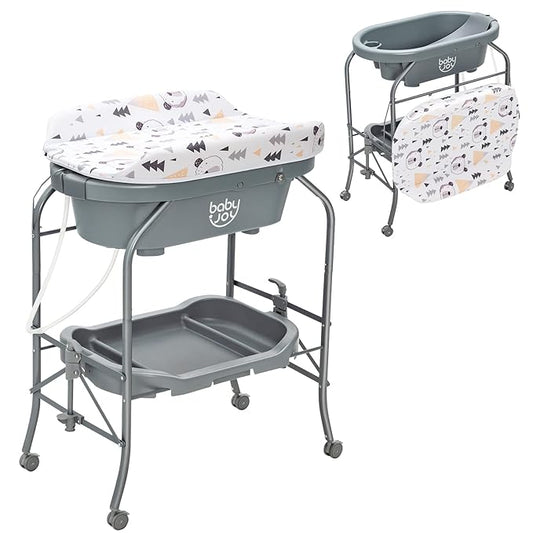 BABY JOY Baby Bathtub with Changing Table, Foldable Infant Diaper Changing Station with Storage Tray, Waterproof Pad, Portable Newborn Nursery Organizer Bath Stand with 4 Universal Wheels (Gray)-CubbioJoy