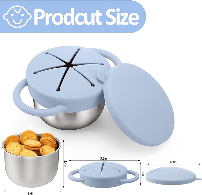BUSOHA 2 Pack Stainless Steel Toddler Snack Cups - 9 OZ Spill-Proof Baby Snack Containers with Silicone Catcher and Lid Travel Snack Containers for Kids Food Grade Silicone Dishwasher Safe-CubbioJoy