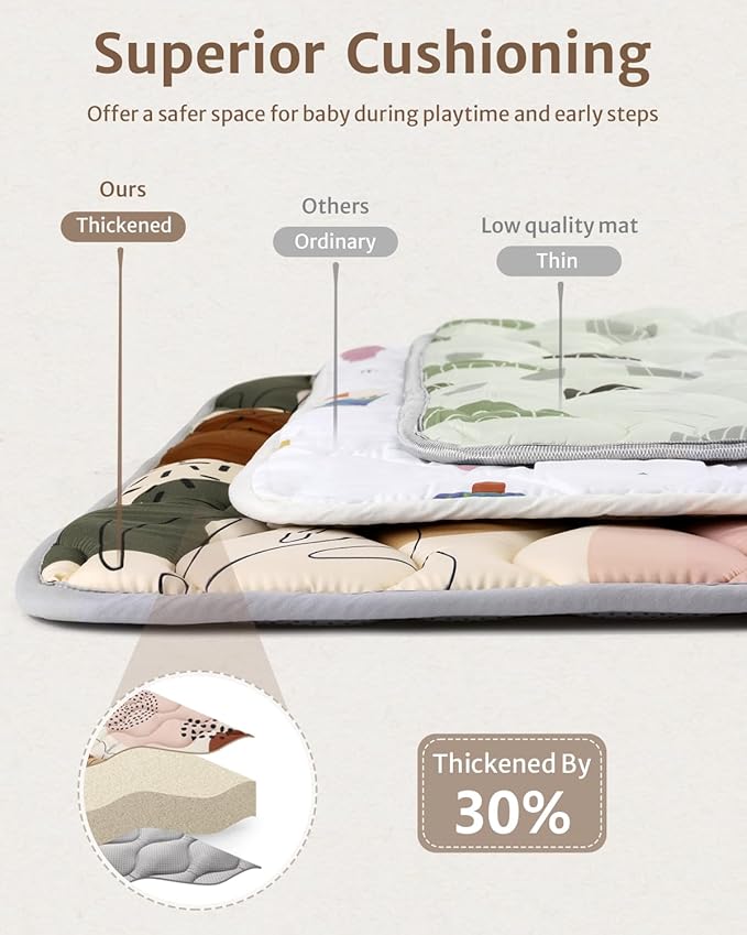 Blissful Diary Baby Play Mats for Floor, 59x59 Inch Thicker and Larger Soft Cushioning Foam Playmats for Babies and Toddlers, Foldable Washable Baby Playpen Mat, Boho Design-CubbioJoy