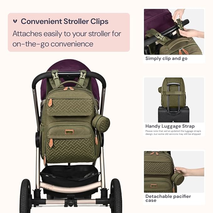 BabbleRoo Diaper Bag Backpack, Travel Backpack with Changing Pad, Pacifier Case & Stroller Straps, Multifunction, Waterproof, Unisex – Army Green-CubbioJoy