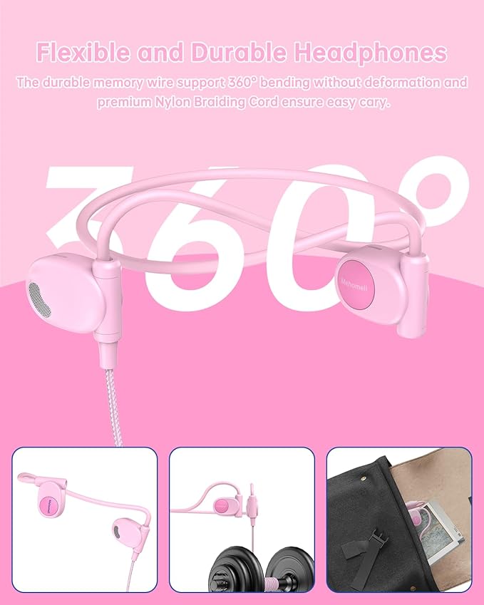 Kid Headphones for School, Air Conduction Open Ear Headphones, 3.5mm Jack Wired Cord, Ultra-Comfort, Ergonomic and Lightweight Design Perfect for School and Outdoor Activities-Pink-CubbioJoy