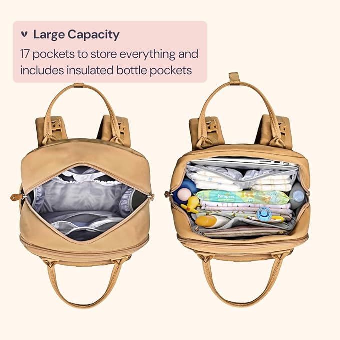 BabbleRoo Diaper Bag Backpack - Baby Essentials Travel Tote - Multi function Waterproof Diaper Bag, Travel Essentials Baby Bag with Changing Pad, Stroller Straps & Pacifier Case - Unisex, Beige-CubbioJoy