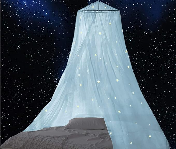 BCBYou Bed Canopy Mosquito Net with Fluorescent Stars Glow in Dark for Baby, Kids, and Adults, for Cover The Baby Crib, Kid Bed, Girls Bed Or Full Size Bed (Light Blue)-CubbioJoy