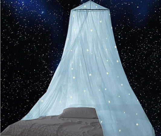 BCBYou Bed Canopy Mosquito Net with Fluorescent Stars Glow in Dark for Baby, Kids, and Adults, for Cover The Baby Crib, Kid Bed, Girls Bed Or Full Size Bed (Light Blue)-CubbioJoy
