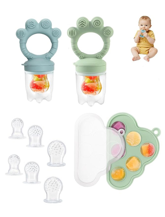 Baby Popsicle Molds & Food Feeder Set, Baby Fruit Feeder for Infant Teething Relief & Safe Infant Self Feeding 4 Months+ Starting Solids for Essentials (Green+Blue)-CubbioJoy