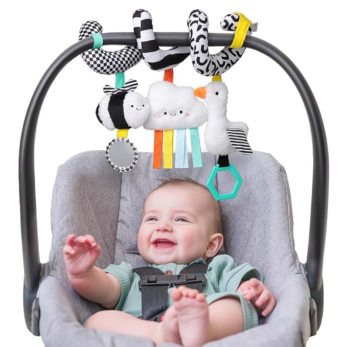 Itzy Ritzy Spiral Car Seat & Stroller Activity Toy - Stroller & Car Seat Toys for Ages 0 Months and Up - Hanging Toys Include Dangling Ring, Mirror and Textured Ribbons (High Contrast)-CubbioJoy