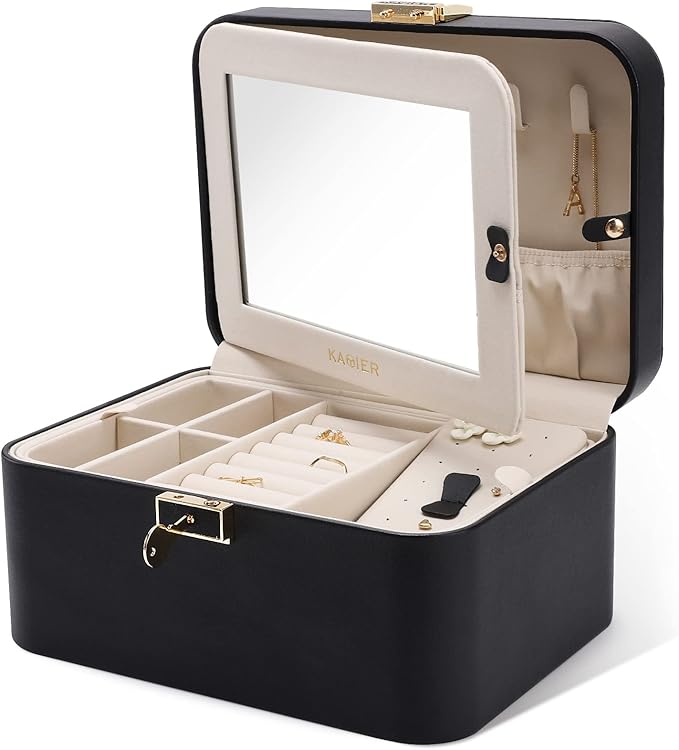 KAMIER Jewelry Holder Organizer, 2 Layers PU Leather Jewelry Box, Large Capacity, Double Lock and Large Mirror, Hidden Necklace Hooks, Removable Dividers, Gift Box Packaging, Black-CubbioJoy