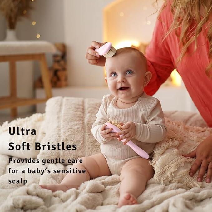 Baby Hair Brush Set for Newborns - Baby Brush and Comb Set - Ultra Soft Goat Hair Bristles, Perfect for Cradle Cap, Newborn Showers & Registries Gift, Comb Brush for Girls & Boys (Rosa)-CubbioJoy