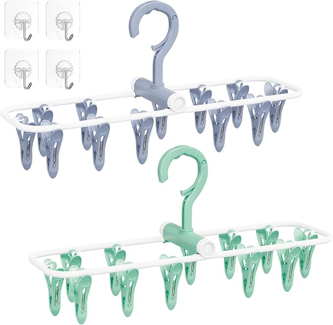 Clothes Drying Hanger with 12 Clips, 2 Pack Folding Portable Hanging Drying Rack,Drip Foldable Hanging Rack, 360° Rotatable Hook for Drying Towels Bras Baby Clothes Gloves Plastic(Blue&Green)-CubbioJoy