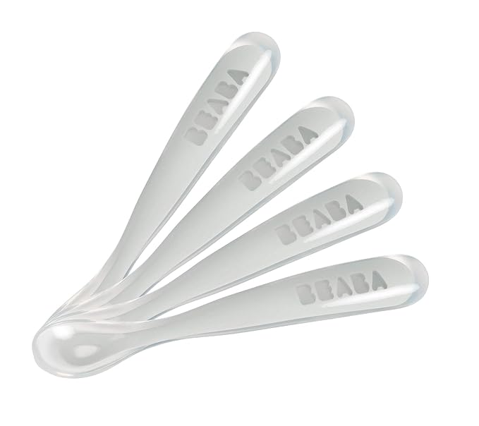 BEABA Baby's First Foods Spoon Set, Original Silicone Baby Spoons, 4 Pack, BPA Lead & Phthalate Free, Gray-CubbioJoy