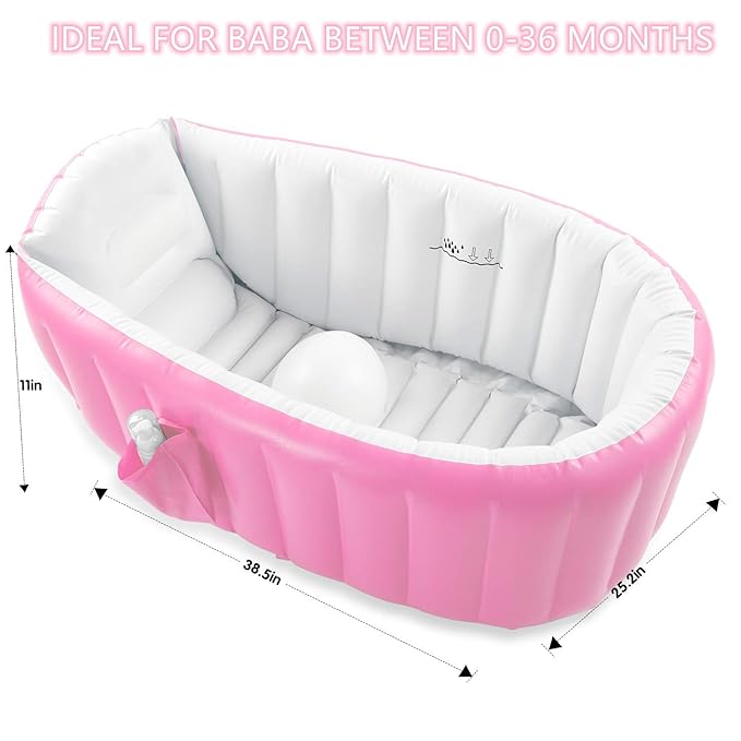 Inflatable Baby Bathtub, Portable Infant Toddler Bathing Tub Non Slip Travel Bathtub Mini Air Swimming Pool Kids Thick Foldable Shower Basin with Air Pump, Pink-CubbioJoy