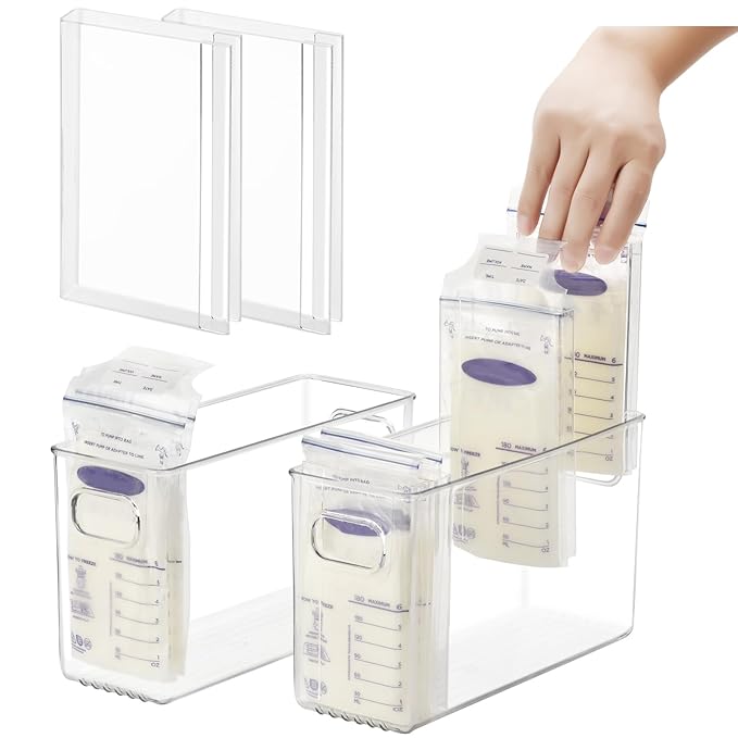 Breastmilk Storage Container with 4 Freezer Flattener Kit to Flatten Standing Breast Milk Bags in Organizer Bins Save Refrigerator Space |Vertical Storage-CubbioJoy