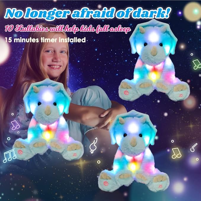 Cuteoy Light-up Singing Plush Blue Triceratops LED Musical Stuffed Animal Dinosaur Adjustable Volume Lullaby Plushies Birthday Christmas Toy Gifts for Kids Toddler Girls, 13"-CubbioJoy