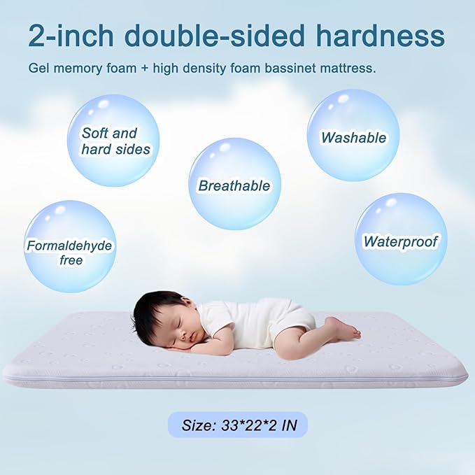 Baby Bassinet Mattress Pad, 41" x 29" x 2" Dual Sided Gel Memory Foam Mattress with Breathable Removable Soft Cover Fit for 4moms Breeze Plus Portable Playard-CubbioJoy