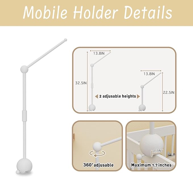 Crib Mobile Arm with Music Box,32.5 Inch White Crib Mobile Stand,Wooden Mobile Arm for Crib (2 Modes,360°Adjustable,100% Beech Wood) Baby Crib Mobile for Boy and Girl-CubbioJoy