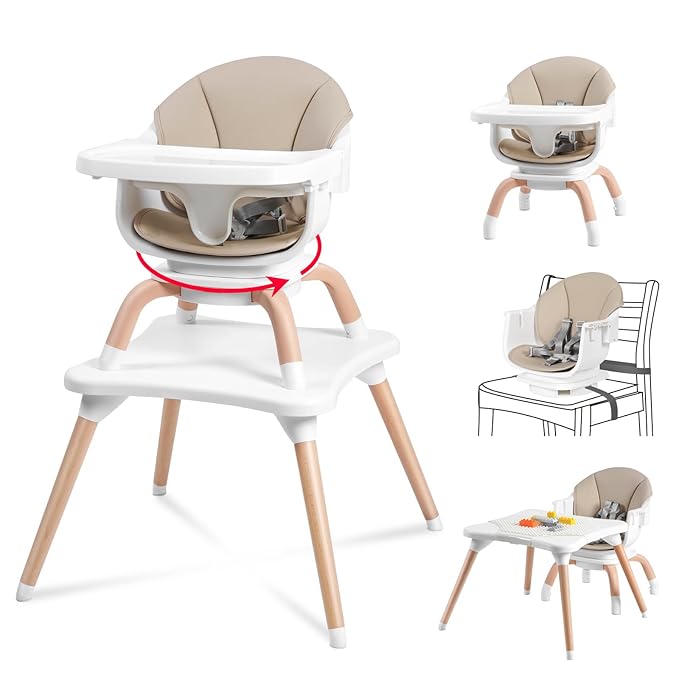Baby High Chair, 7 in 1 Convertible High Chairs for Babies and Toddlers, Kids Learning Table, Building Block Table, Toddler Dining Chair with 360° Rotating Seat, 5-Point Safety Harness (Khaki)-CubbioJoy