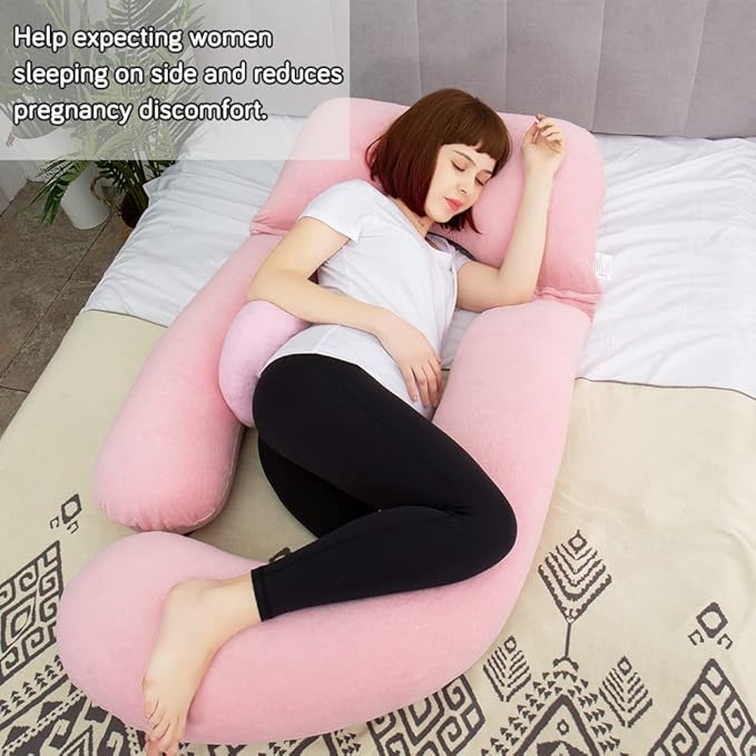 AS AWESLING 60in Full Body Pillow | Nursing, Maternity and Pregnancy Pillow | Extra Large U Shape Pillows with Detachable Side, Separate Support Pillow and Removable Cover Velvet (Light Pink)-CubbioJoy