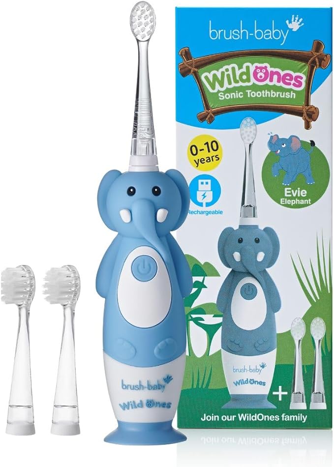 brush-baby WildOnes Kids Electric Rechargeable Toothbrush Elephant, 1 Handle, 3 Brush Heads, USB Charging Cable, for Ages 0-10 (Elephant)-CubbioJoy