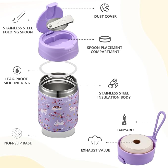 17oz Soup Thermo for Hot Food Kids Insulated Vacuum Food Jar with Stainless Steel Spoon Wide Mouth Thermo Leakproof Lunch Food Container Kids Hot Lunch Box (Purple-Horse)-CubbioJoy
