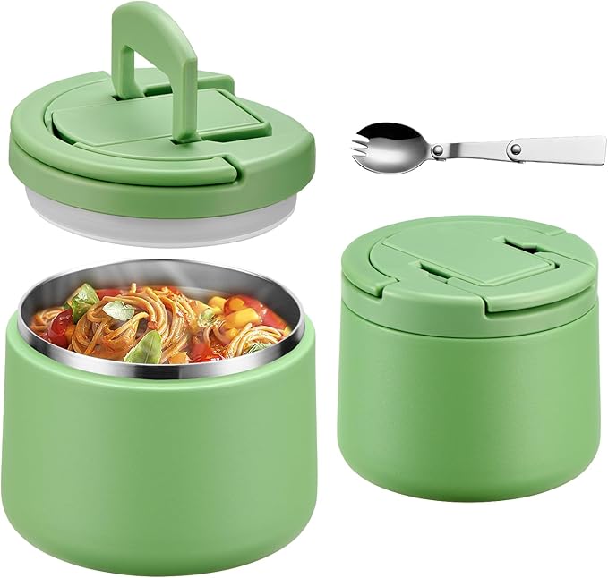 14oz Insulated Vacuum Food Jar with Buckle Lid,Soup Thermo for Hot Food Kids,Wide Mouth Leakproof Stainless Steel Lunch Container with Spoon-Green-CubbioJoy