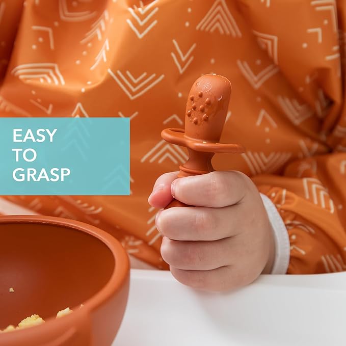 Bumkins Baby Utensils Set, Chewtensils Silicone Spoons for Dipping, Self-Feeding, Baby Led Weaning, Trainer Learning, First Stage Eating, Soft Practice Fork and Spoon, Babies 6 Months, Clay-CubbioJoy