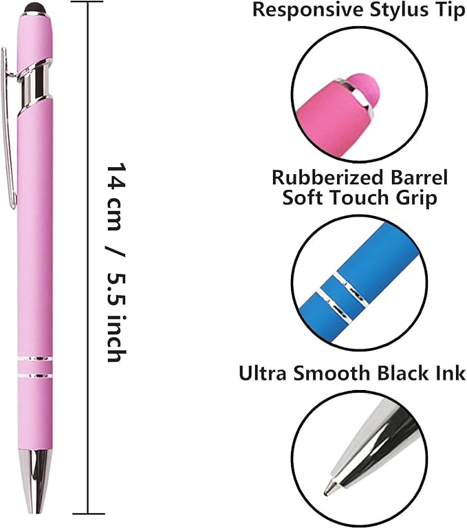 Ballpoint Pen with Stylus Tip, Soft Touch Click Metal Pen, 1.0mm Medium Point, Black Ink, 12 Count(Light Purple)-CubbioJoy