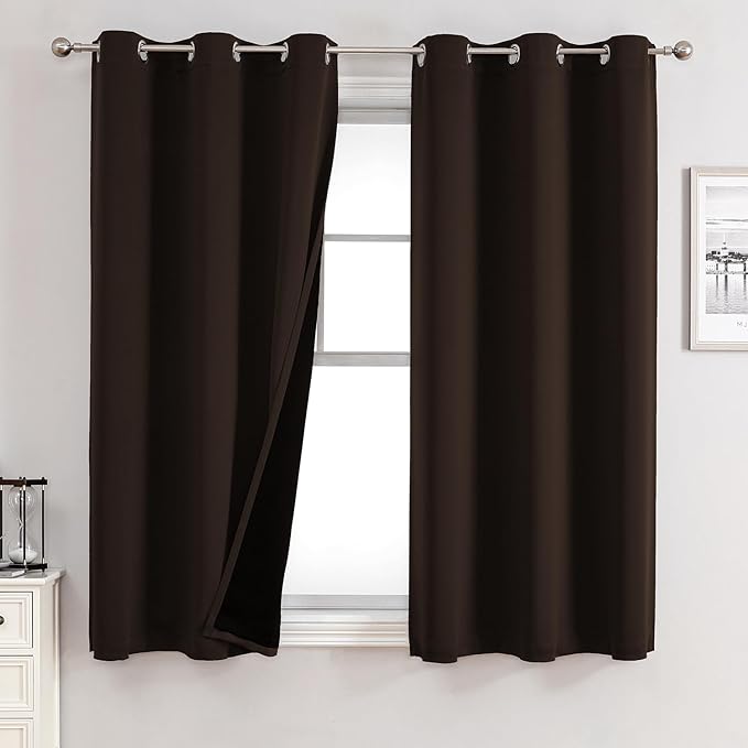 ChrisDowa 100% Blackout Curtains for Bedroom with Black Liner, 2 Thick Layers Total Blackout Thermal Insulated Grommet Window Curtains 2 Panels Set (Brown, 42 x 63 Inch)-CubbioJoy