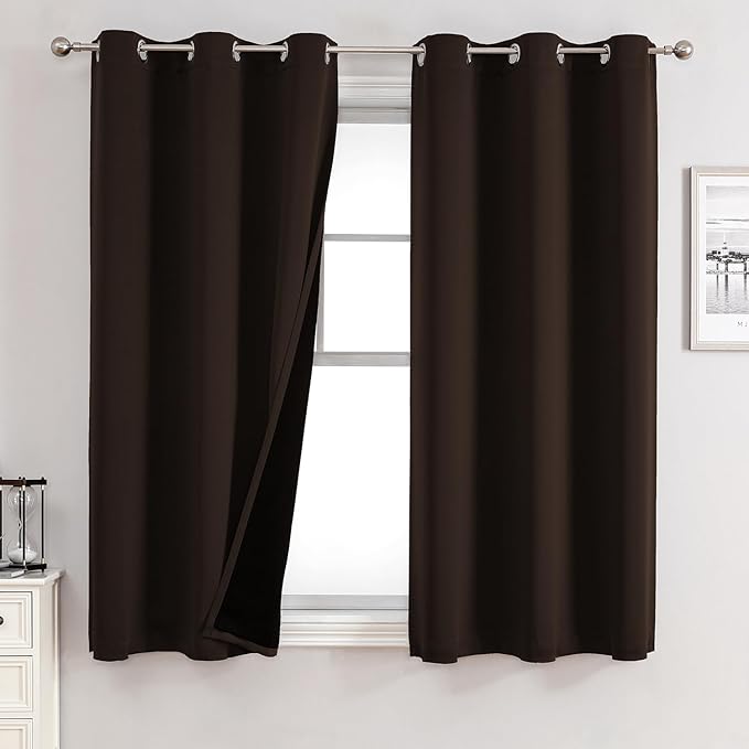ChrisDowa 100% Blackout Curtains for Bedroom with Black Liner, 2 Thick Layers Total Blackout Thermal Insulated Grommet Small Window Curtains 2 Panels Set (Brown, 42 x 54 Inch)-CubbioJoy