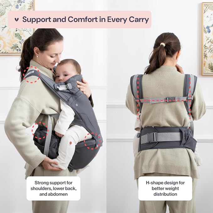 BabbleRoo Grow Carrier – Safety-Certified 6-in-1 Baby Carrier with Hip Seat, Ergonomic & Adjustable Toddler Carrier 7-50 lbs with Hip Support, Hood for Sun Protection, Newborn to Toddler, Gray-CubbioJoy
