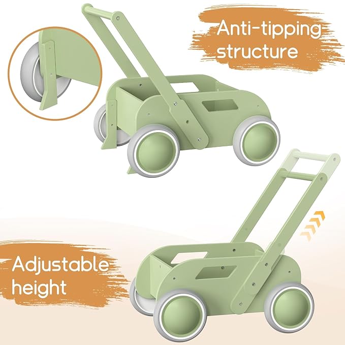 2025 HOMEKOL Wooden Baby Walker,Baby Push Walker, Adjustable Speed Baby Walker for Boys and Girls, Baby Activity Center, Gift for Birthday, Christmas and New Year Nature Green-CubbioJoy