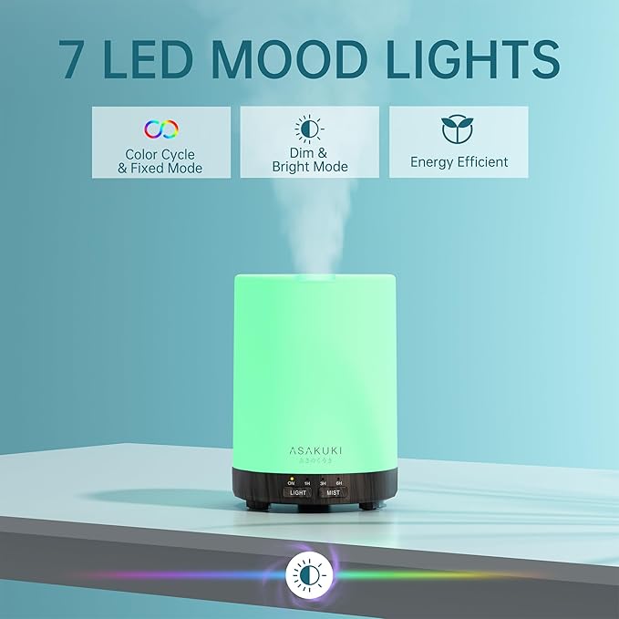 ASAKUKI 300ML Essential Oil Diffuser, Quiet 5-in-1 Premium Humidifier, Home Fragrance Aroma Diffuser with 7 LED Color Changing Light and Auto-Off Switch -Dark Brown-CubbioJoy
