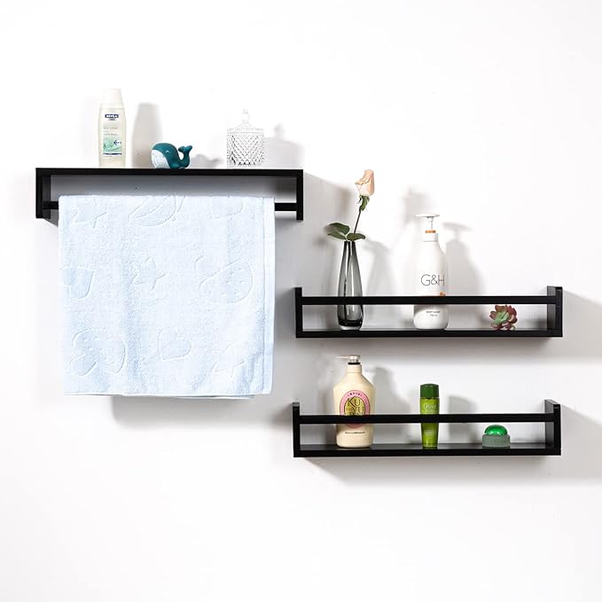 AZSKY Classic Nursery Book Shelves Black Wooden Floating Shelves Wall Bookshelf for Bathroom Decor Kitchen Spice Rack Organizer Kids Room 24 Inch Set of 3-CubbioJoy
