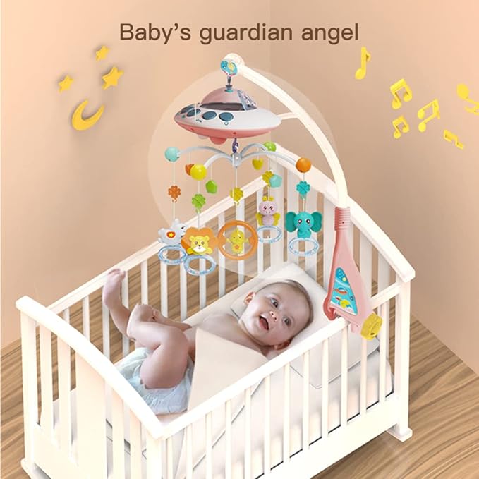 Baby Musical Crib Mobile with Night Lights and Relaxing Music,Hanging Rotating Animals Rattles,Stars Projection,Remote Control,for Boy Girl Newborn Baby Toys（Pink）-CubbioJoy