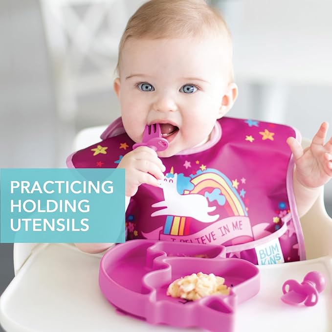 Bumkins Baby Utensils Set, Chewtensils Silicone Spoons for Dipping, Self-Feeding, Baby Led Weaning, Trainer Learning, First Stage Eating, Soft Practice Fork and Spoon, Babies 6 Months, Fuchsia-CubbioJoy