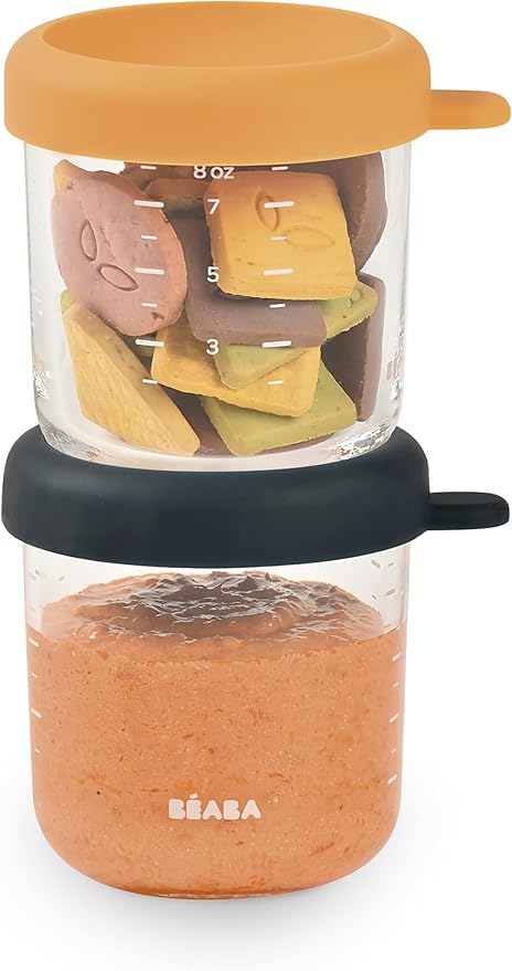 BEABA 2 Pack Glass Baby Food Jars with Soft Silicone Air Tight Lids, 8 oz Glass Storage Containers with Lids, Microwave and Freezer Safe Containers, Midnight-CubbioJoy