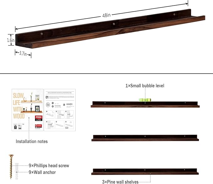 AZSKY Deep Walnut Floating Shelves Large Long Wall Storage Shelves Dark Walnut 48 Inch Wall Mount Hanging Picture Ledge Wall Decor for Bedroom Living Room Bathroom Kitchen Storage a Set of 3-CubbioJoy