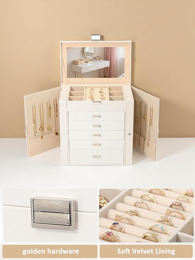 BOOVO Jewelry Box For women, 6 Layer Large Jewelry Organizer With Mirror, Multi-Function Storage Box With Lock, Accessory Holder With 5 Drawers, For Earrings Necklace Ring Bracelet (Pearl White)-CubbioJoy