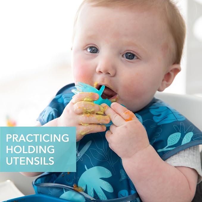 Bumkins Baby Utensils Set, Chewtensils Silicone Spoons for Dipping, Self-Feeding, Baby Led Weaning, Trainer Learning, First Stage Eating, Soft Practice Fork and Spoon, Babies 6 Months, Blue Jelly-CubbioJoy