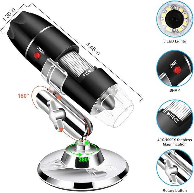 Digital USB Microscope Camera, 40X to 1000X, with Metal Stand & Carrying Case, Compatible with Android, Windows, Linux, Mac, Portable for Kids, Students, Adults-CubbioJoy