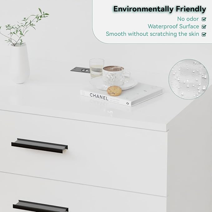 Dresser with Power Outlets Wooden 4 Drawer Dresser with USB and Type C Port Chest of Drawers for Bedroom Tall White Organizer Storage for Living Room Hallway Closet-CubbioJoy