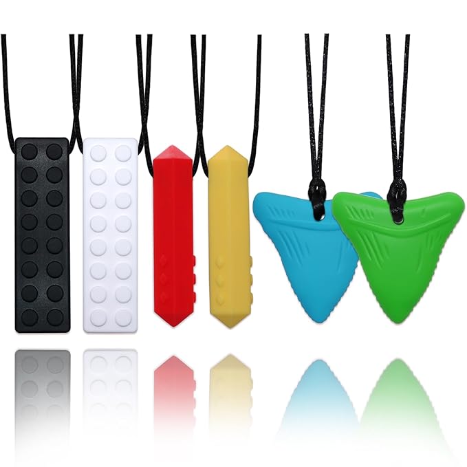 Chew Necklaces for Sensory Kids 6 Pack, Sensory Toys for Kids with Autism, ADHD, SPD, Chewing, Biting, Autism Sensory Products Silicone Chew Toys Necklace for Adults Reduce Anxiety Fidget-CubbioJoy