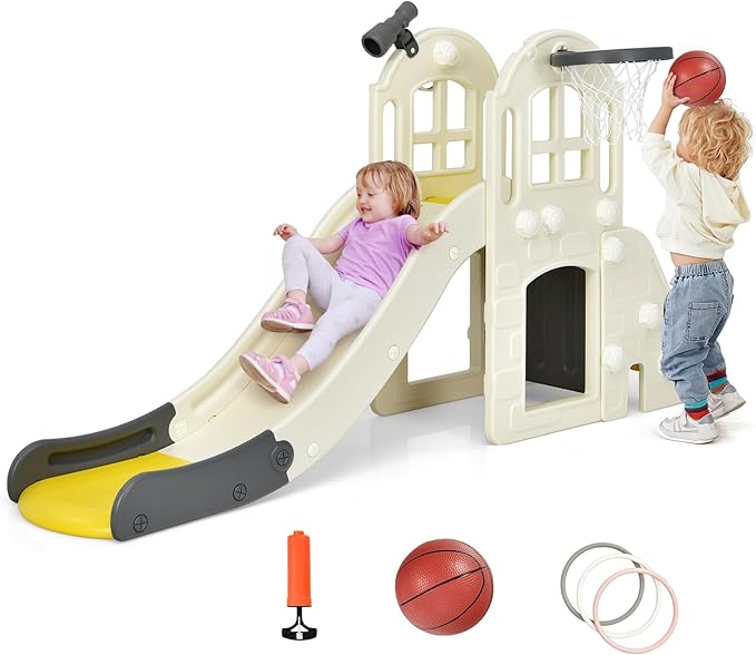 BABY JOY Toddler Large Slide, 6 in 1 Slide for Kids with Basketball Hoop, Ring Toss, 2 in 1 Convertible Climbing Way, Freestanding Kids Slide Climber Set for Indoors Outdoor Boys Girls Gifts Present-CubbioJoy
