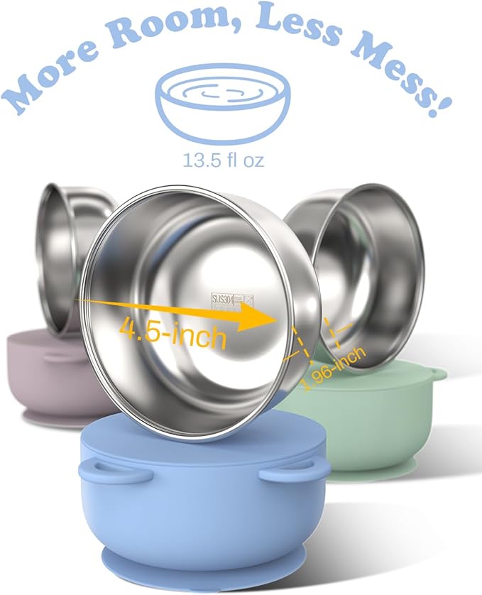 Baby Suction Bowls with Lids 4-Pack, 2-in-1 Stainless Steel 304 Toddler Bowl & Removable Silicone Suction Kids Bowl Plate Set Non Toxic Snack Dishes for Self-Feeding, Twilight Meadow-CubbioJoy