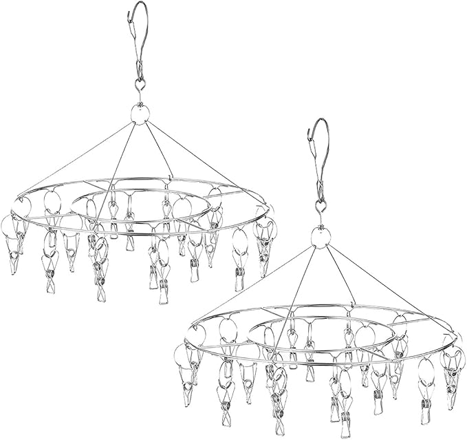 CenYouful 2 Pack Stainless Steel Round Hanging Drying Rack with 20 Clips for Drying Socks, Baby Clothes, Bras, Towel, Underwear, Hat, Scarf, Pants, Gloves-CubbioJoy